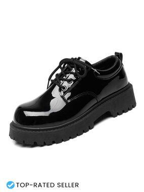 Men's Patent Leather Platform Oxfords Chunky Heel Lace Up Dress Shoes